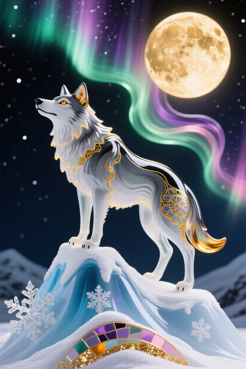 A lone wolf standing atop the highest snowy peak beneath a full harvest moon and shimmering aurora, wild and majestic.