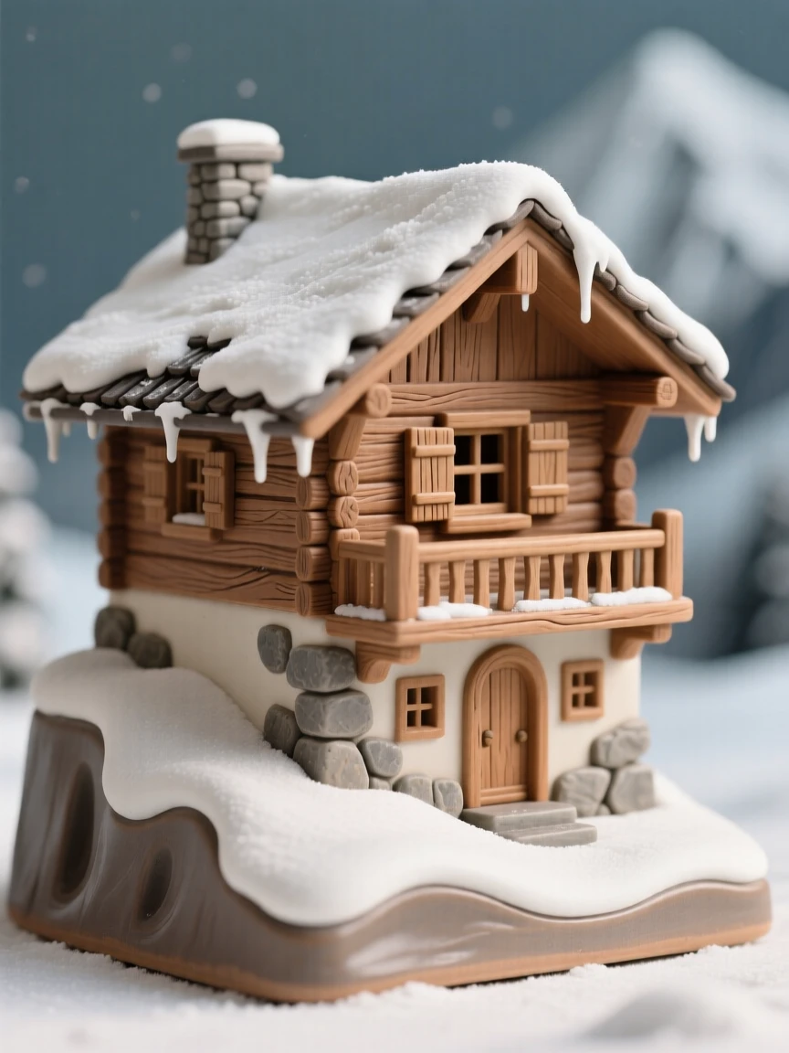 A snow-capped alpine chalet rising quietly above a still landscape, dusted lightly with fresh snow, radiating peaceful, storybook charm.