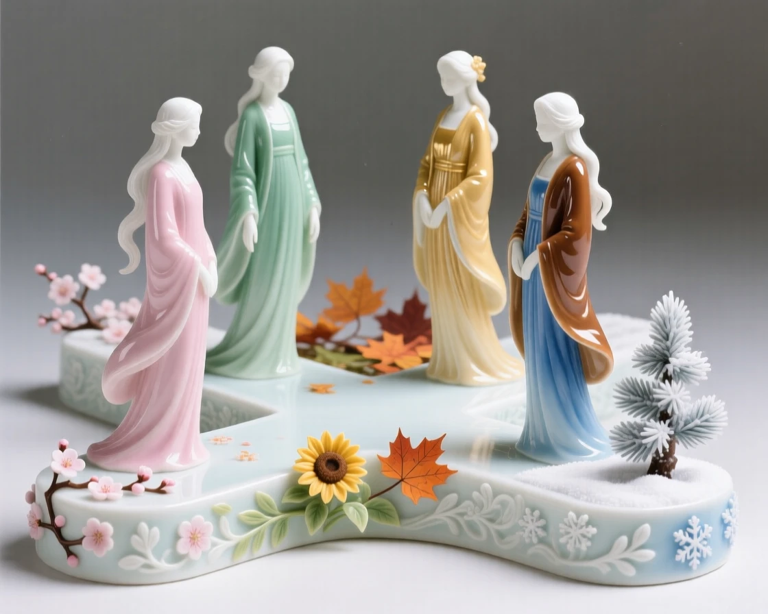 An imaginative vision of a world where seasons meet at a single crossroads, radiating a hushed, storybook wonder.