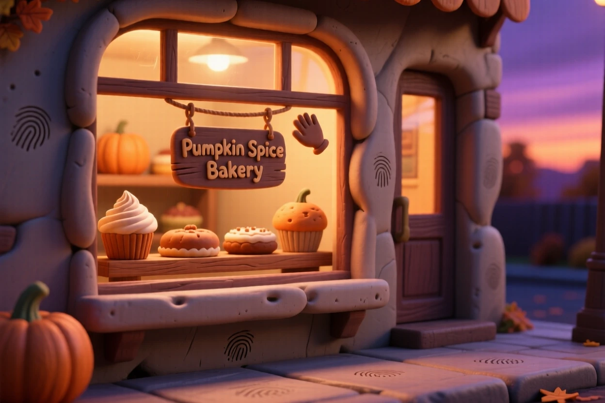 An autumn pumpkin spice bakery window glowing warmly at dusk