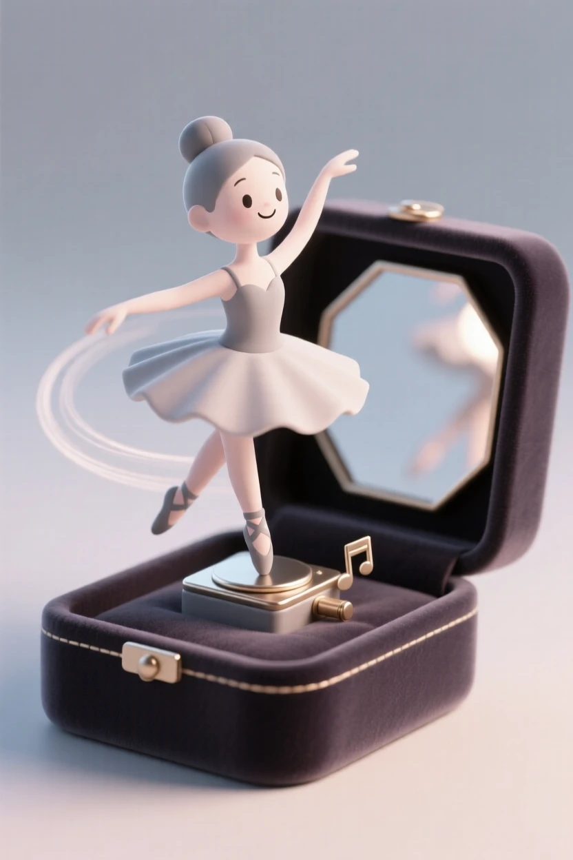 A gentle music box ballerina spins slowly atop a velvet-lined jewelry box, tiny mirror catching the light.