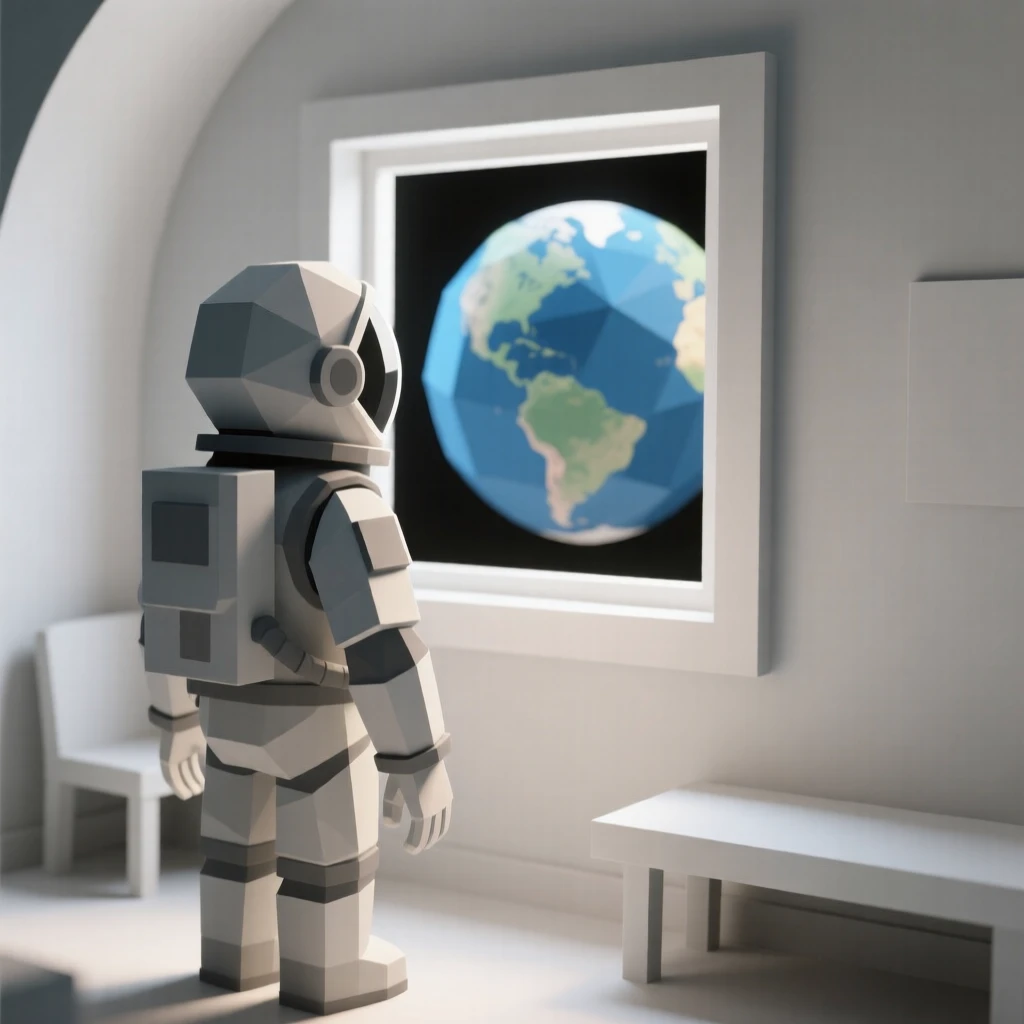 An astronaut gazing out at Earth from a window, in a softly lit cozy room. a shallow depth of field keeps focus on the subject's face. There is a quiet sense of determination.