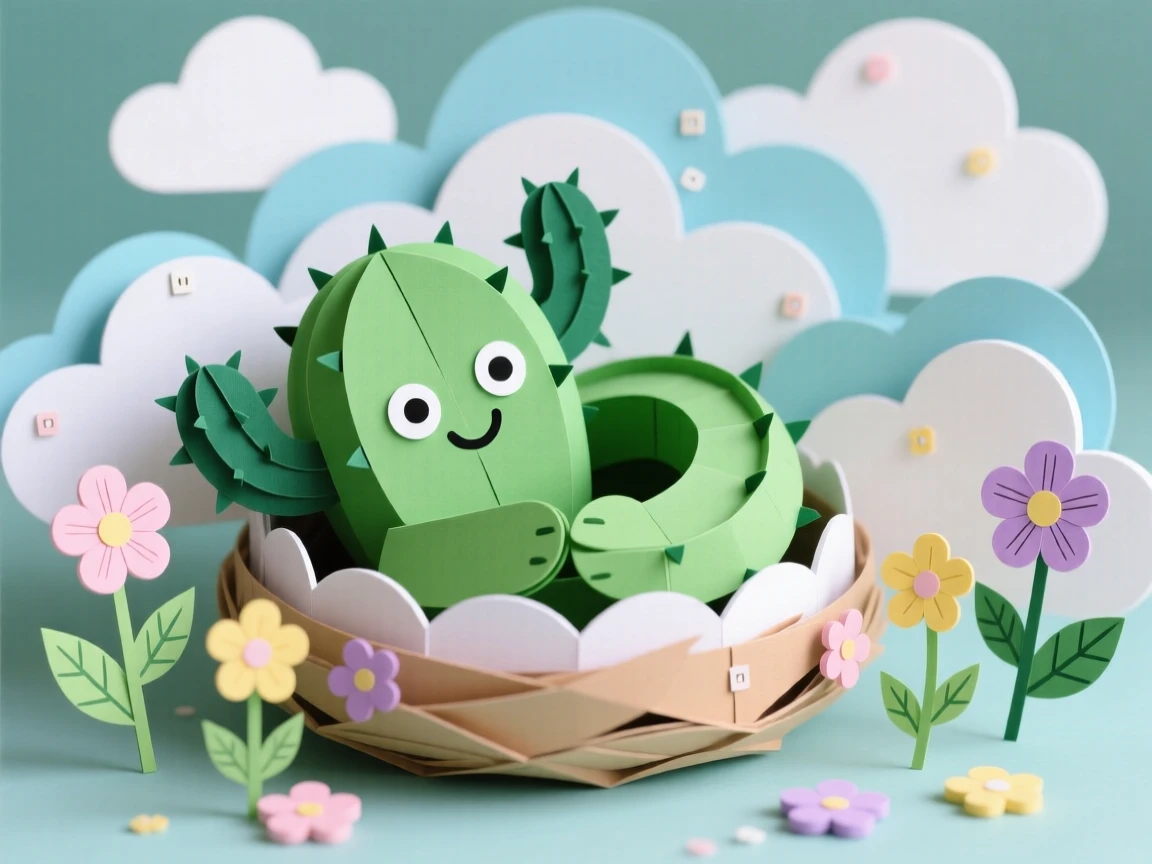 A cheerful cactus character curled up in a nest made of soft clouds, with little flowers blooming in its wake, capturing pure adorable innocence.