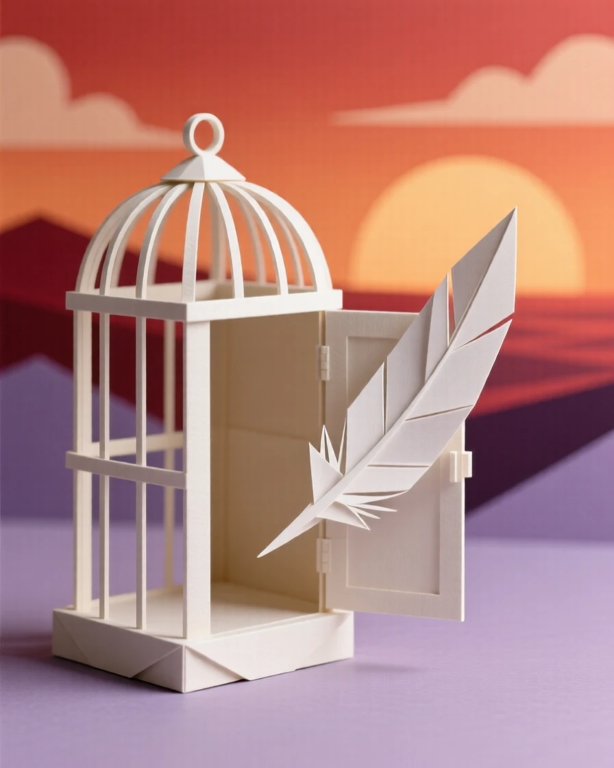 A birdcage door left open with a single feather drifting out into a sunset sky.
