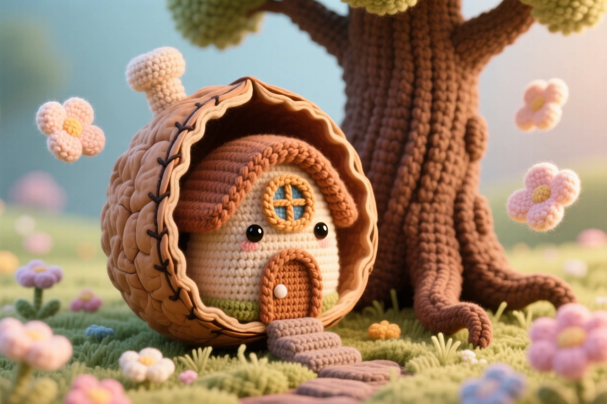 a tiny cottage built inside a giant walnut shell, with a small round window, is shown nestled at the base of an old tree, tucked within a quiet, dreamlike meadow, surrounded by a trail of soft floating petals, radiating cozy, whimsical enchantment.