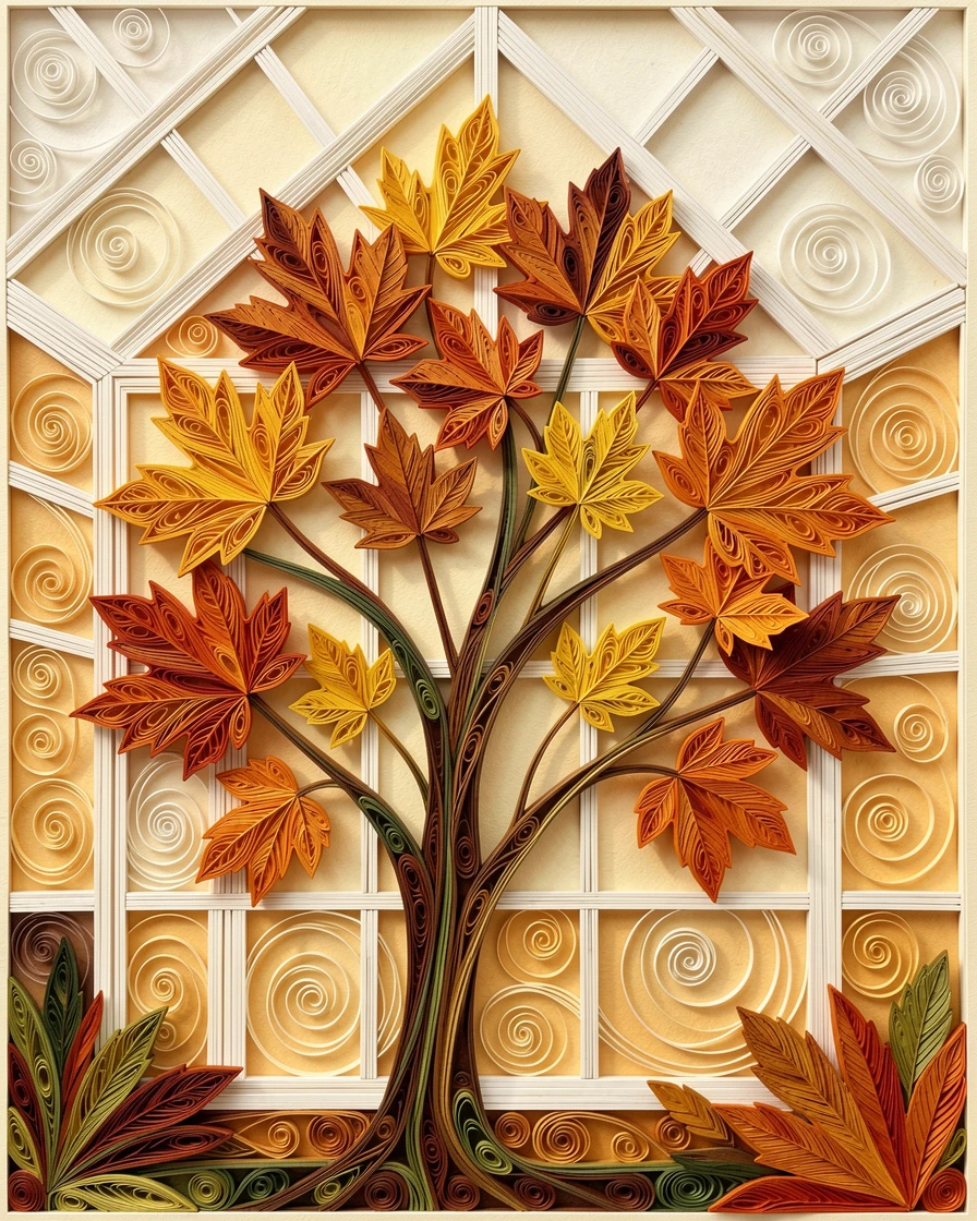 A serene botanical study of a maple tree in peak autumn color in a greenhouse filled with soft filtered light, in warm autumn hues of amber and rust, arranged asymmetrically for a natural, organic feel.