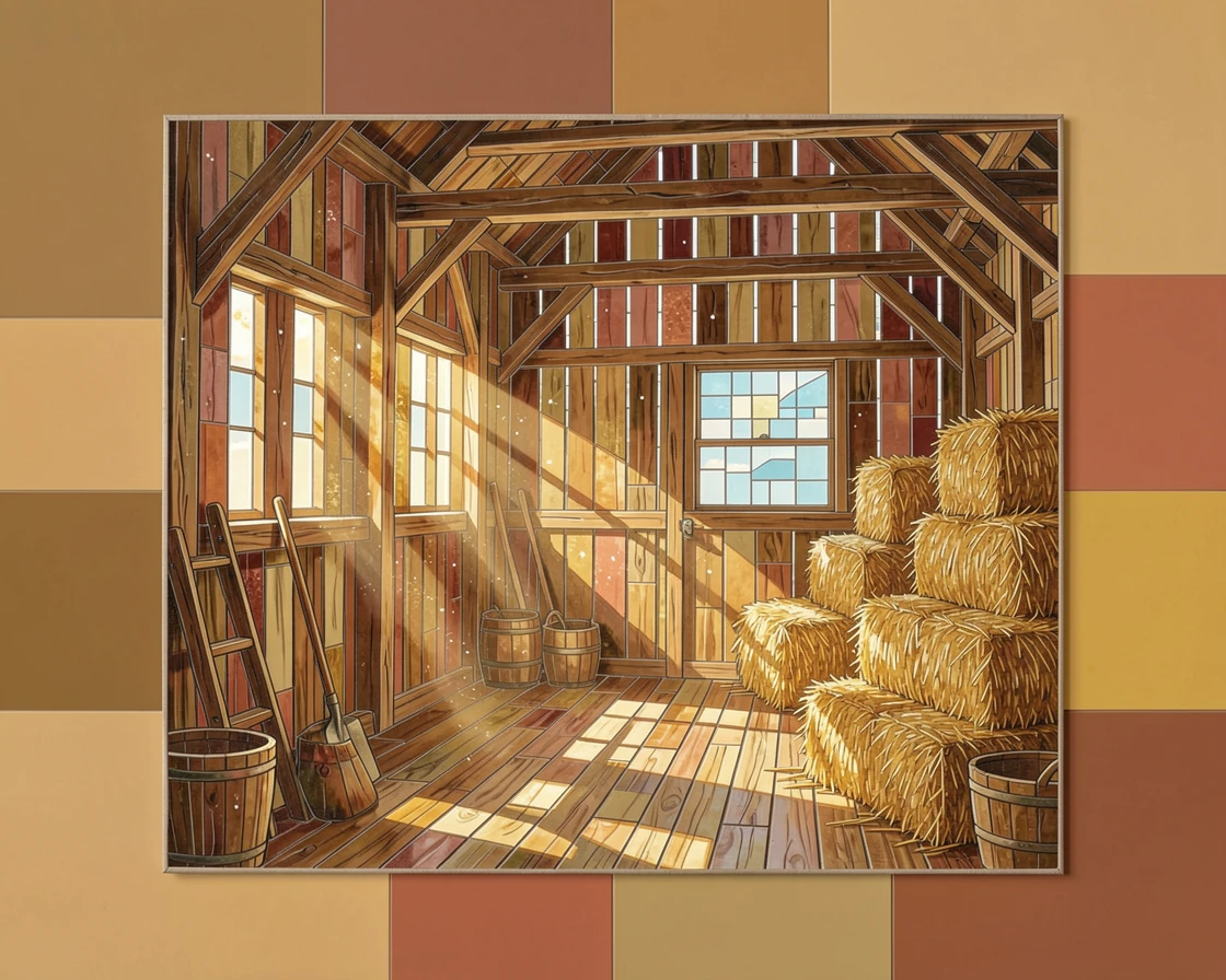 A charming, nostalgic scene of a rustic barn interior with soft light streaming through wooden slats, evoking calm and comfort.