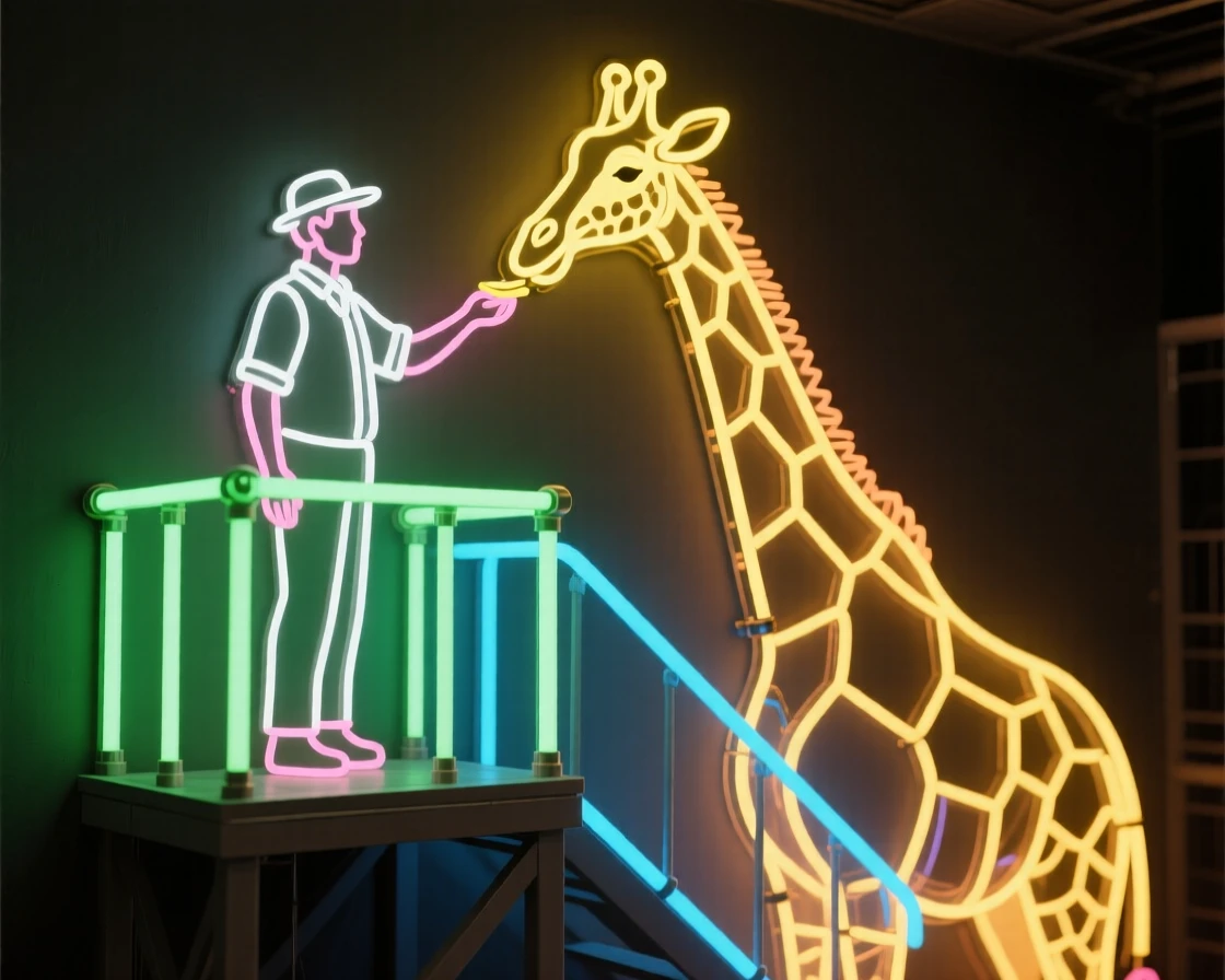 A zookeeper feeding a giraffe from an elevated platform.