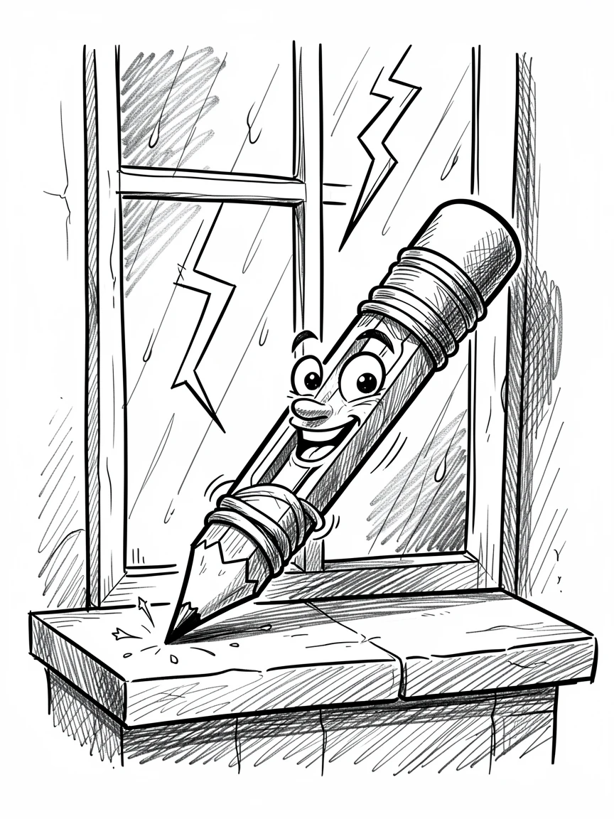 A pencil sharpening itself with a satisfied grin on a windowsill during a storm.