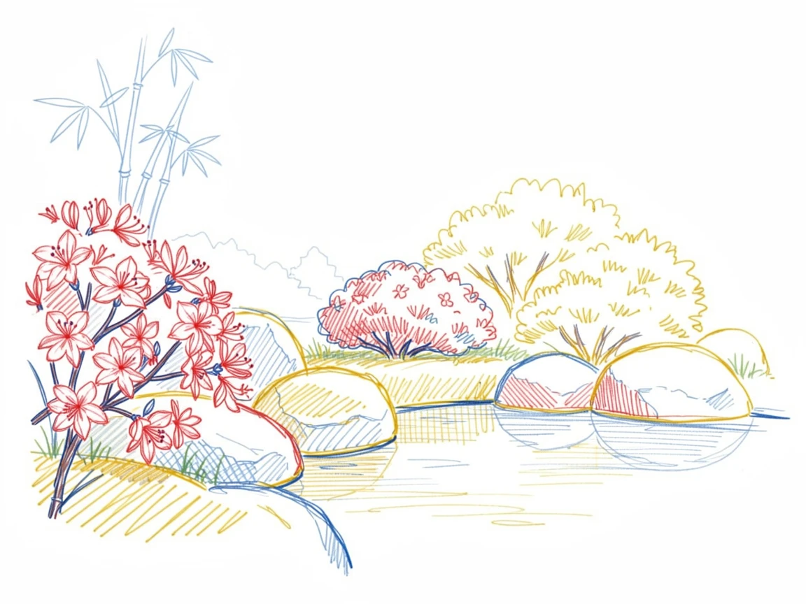 A quiet Japanese garden with blooming azaleas beside a still pond