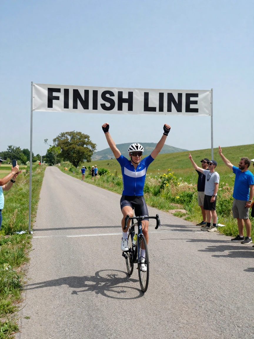 A cyclist raises both arms crossing a finish line banner strung across a rural road.