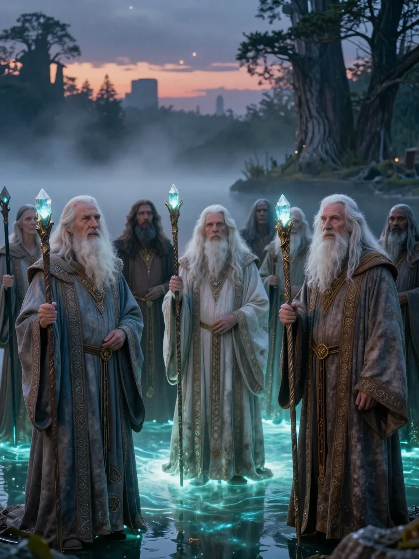 A council of ancient wizards standing along the shores of a glowing lake