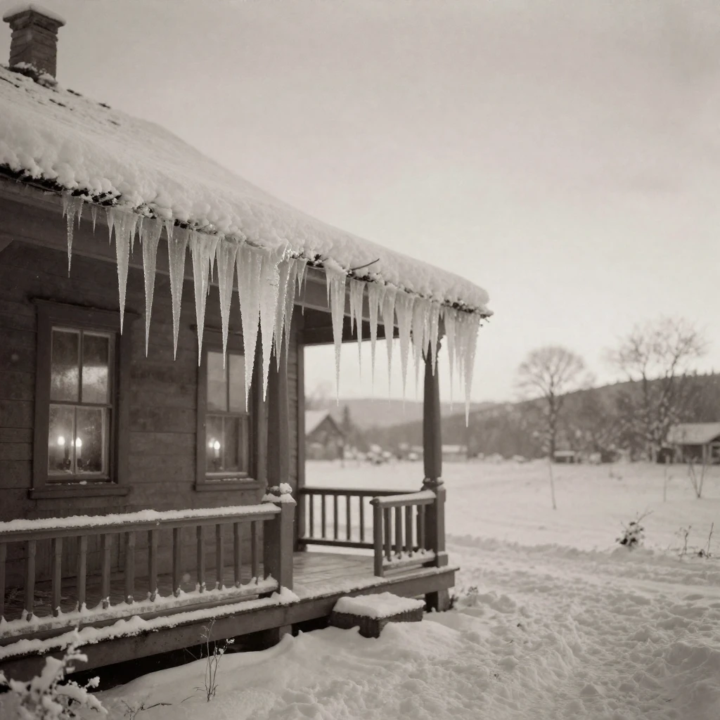 Icicles hanging from the eaves of a snow-blanketed cottage, under flickering candlelight, in crisp, dry air, in winter, with a soft sepia-tinted glow, from behind, looking toward the horizon.
