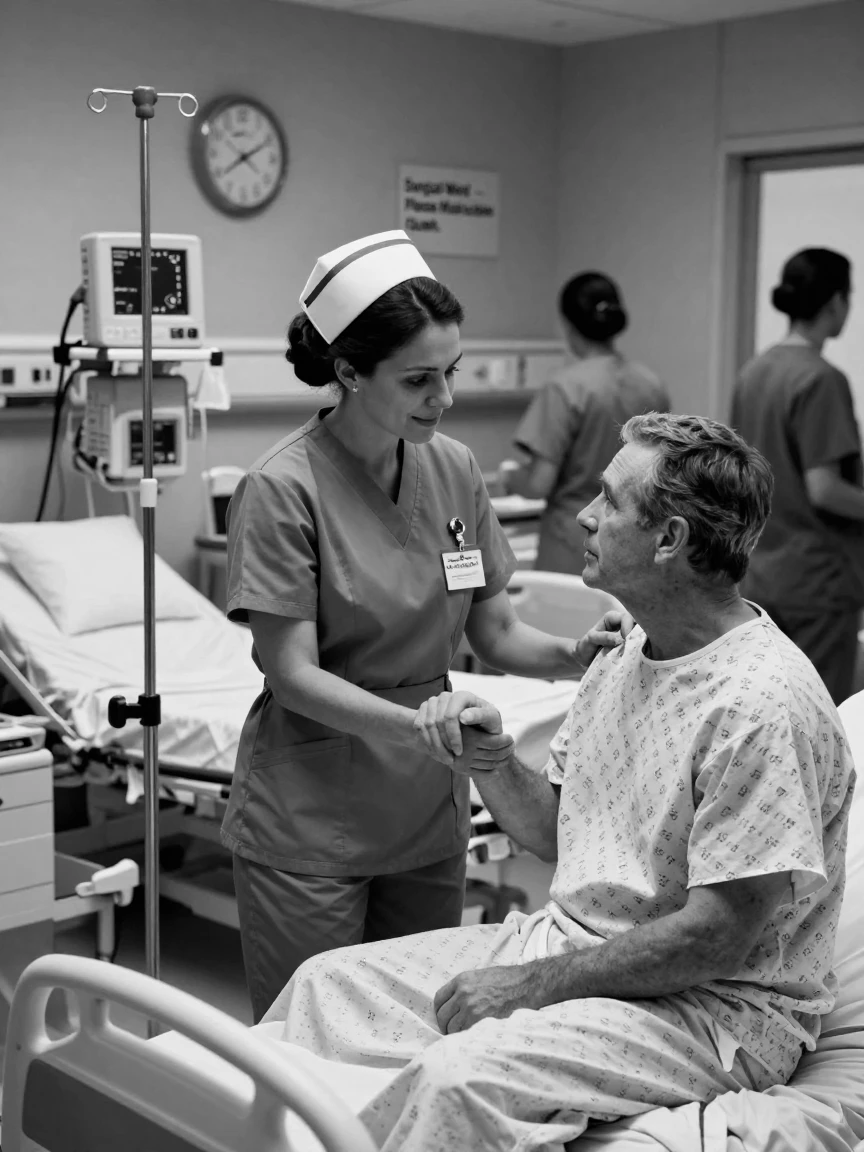 A nurse comforts a patient before surgery in a busy hospital ward.