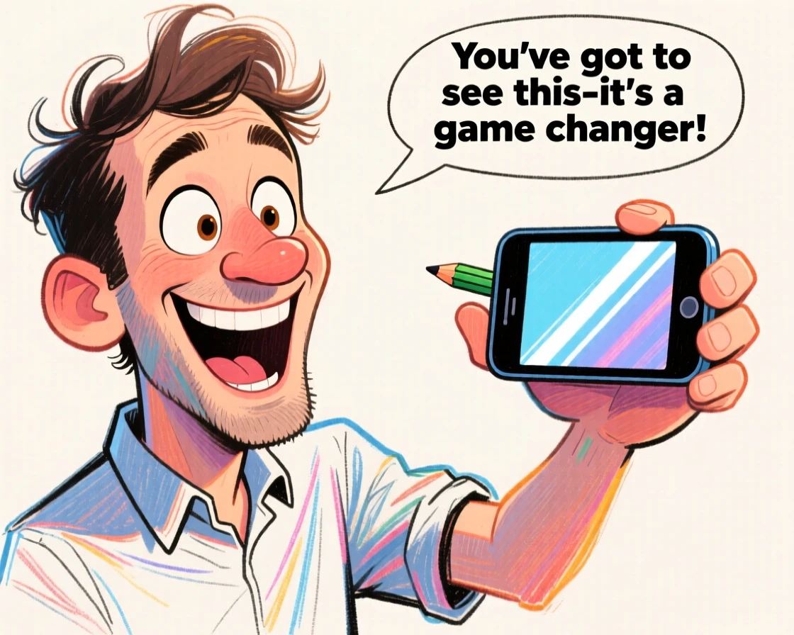 A man reviewing the latest tech gadget, holding it up excitedly to the camera.
