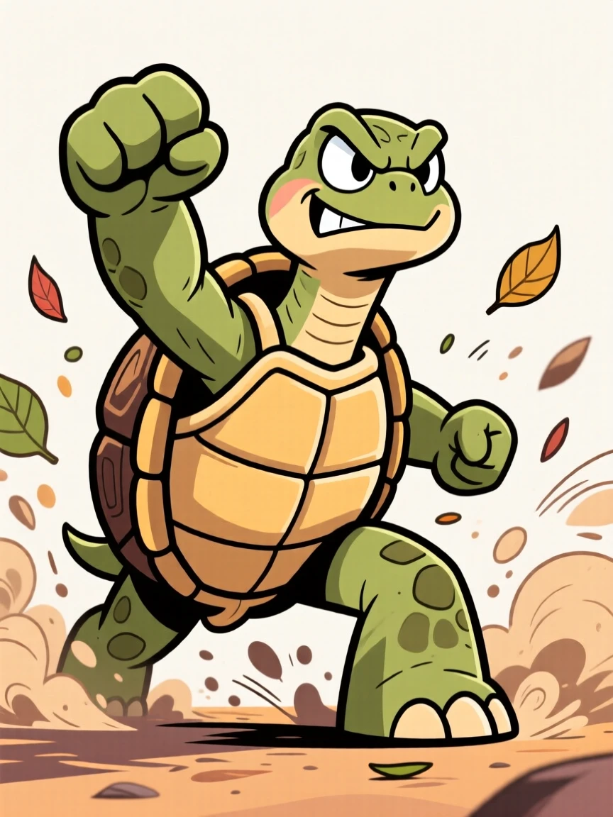 A charming animal moment featuring a determined tortoise striking a dramatically exaggerated pose, as leaves and dust scatter around it.