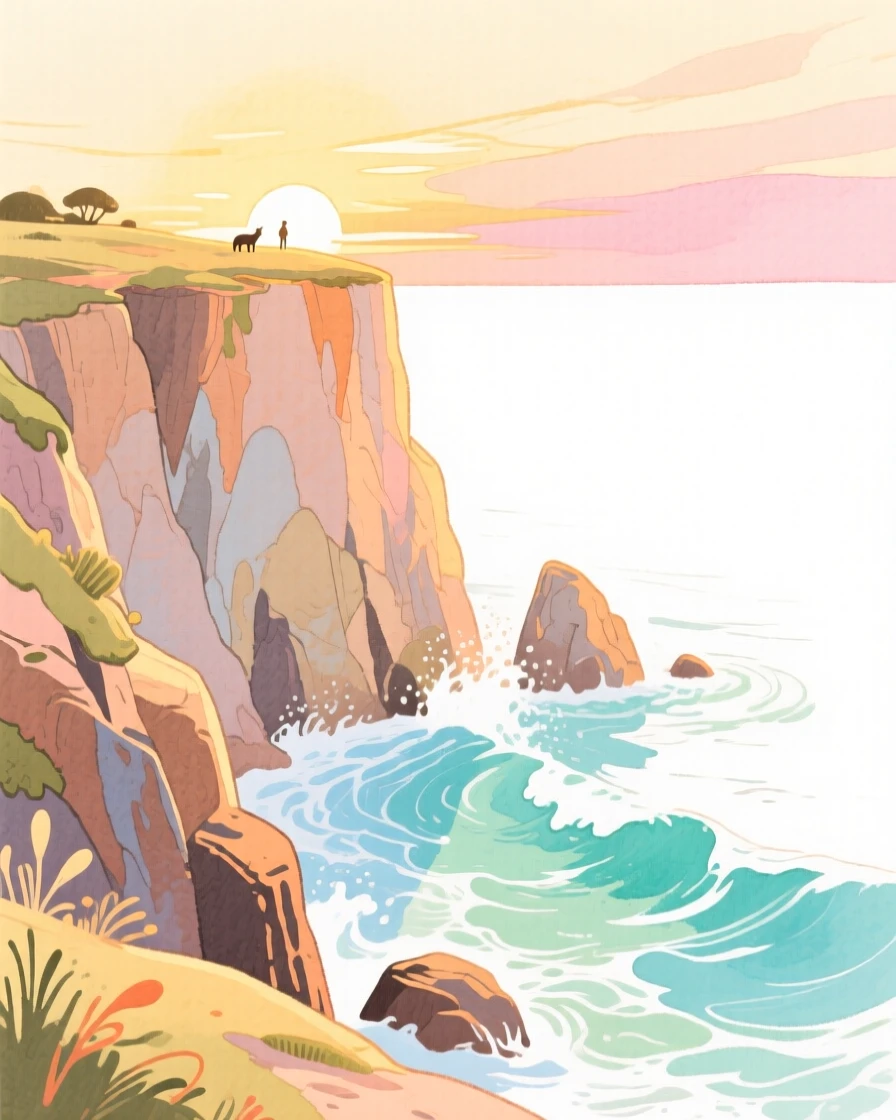 A serene landscape of a coastal cliff overlooking crashing turquoise waves at golden sunset