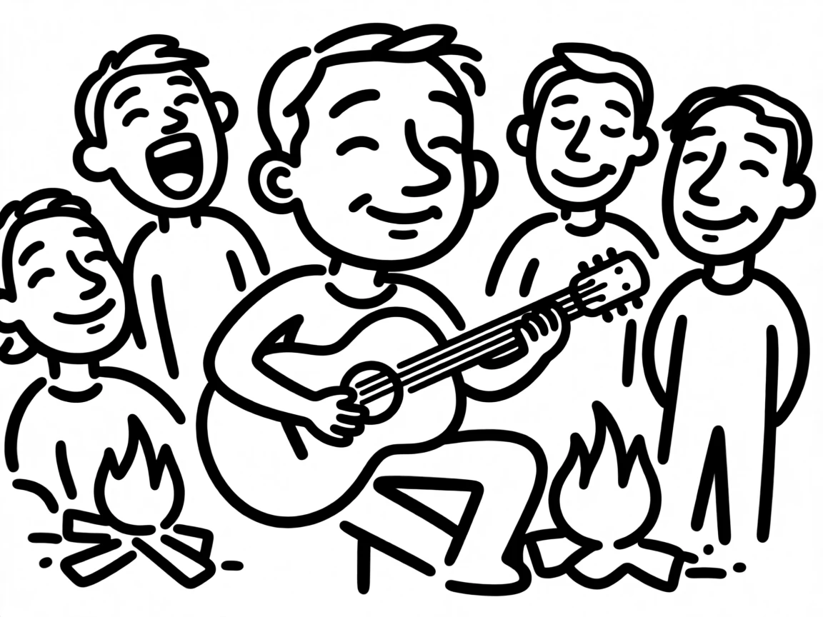A guitarist strumming softly around a campfire as friends sing along.