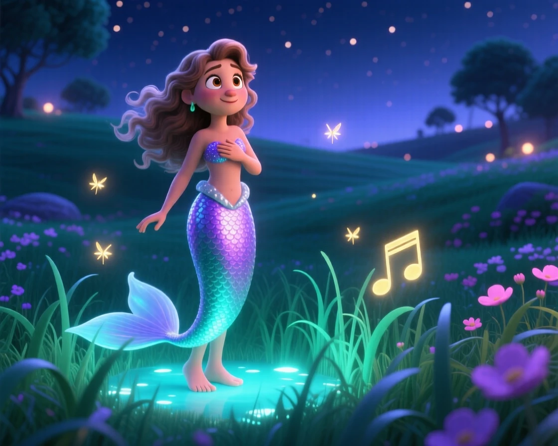 A mermaid with shimmering scales stands in a meadow where the grass glows softly at night, guiding lost travelers with a soft glow. A gentle sense of wonder radiates through the air, with faint music seeming to drift on the breeze.