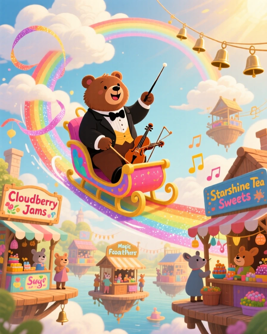 A bear conducting a tiny orchestra is sledding down a rainbow made of ribbon in a floating market above the clouds, while soft chimes ring from unseen bells.