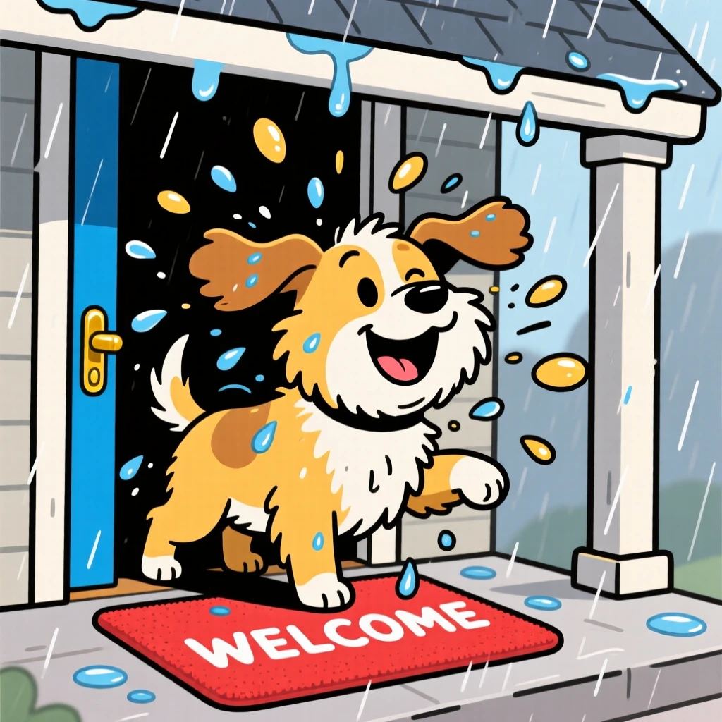 A dog shaking off rain droplets under a covered doorway.