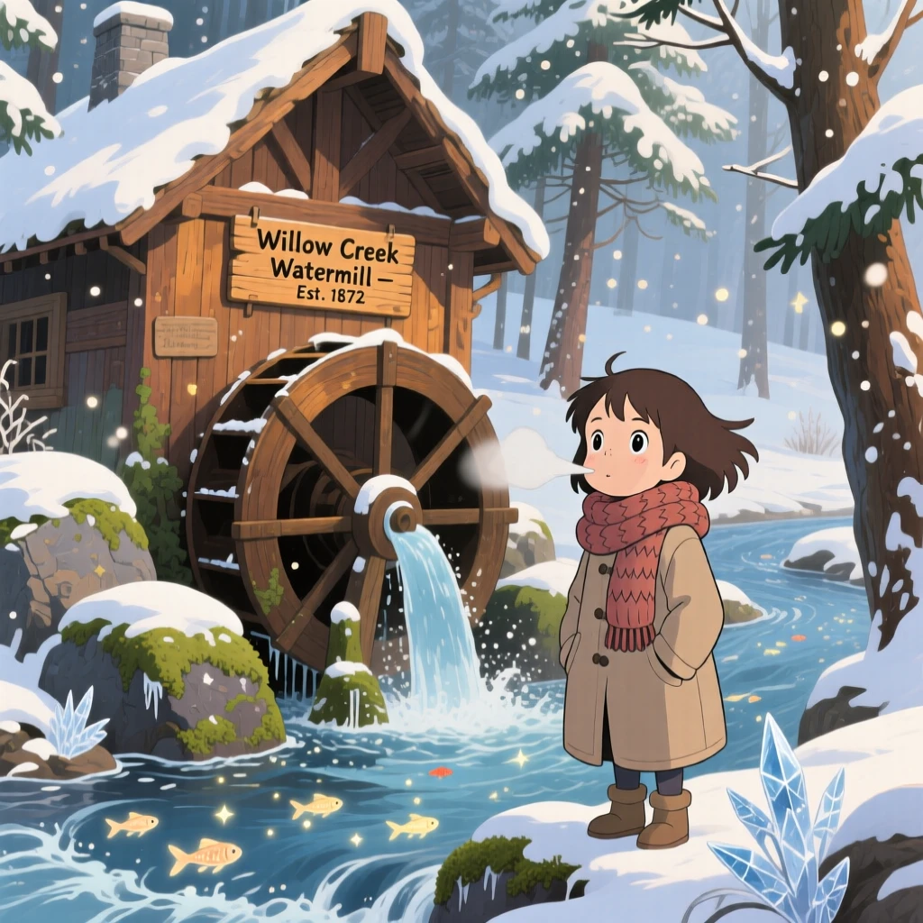 A charming view of a wooden watermill turning beside a rushing stream, dusted lightly with fresh snow.