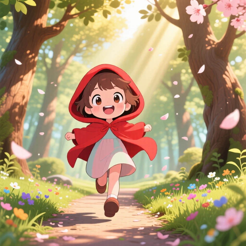 Low-angle shot looking up of a small girl in a red hooded cloak, skipping through a sunlit forest path, in a storybook woodland, as cherry blossom petals drift on the breeze, illuminated by soft golden-hour sunlight, radiating bubbly enthusiasm.