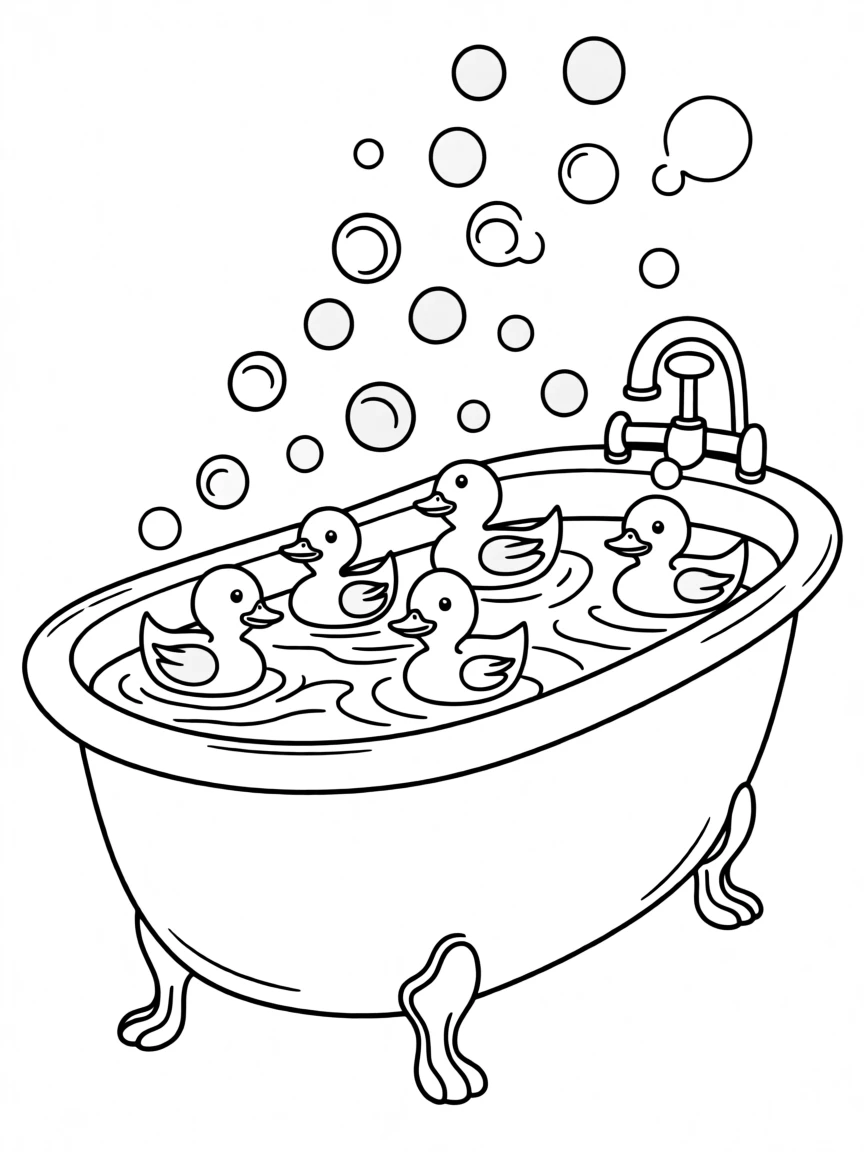 A rubber duck fleet floating in a bubbly bathtub