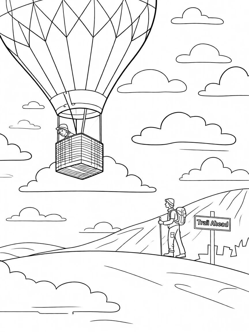 A hot air balloon drifting through a sky painted with clouds, with a distant figure hiking along a ridge.