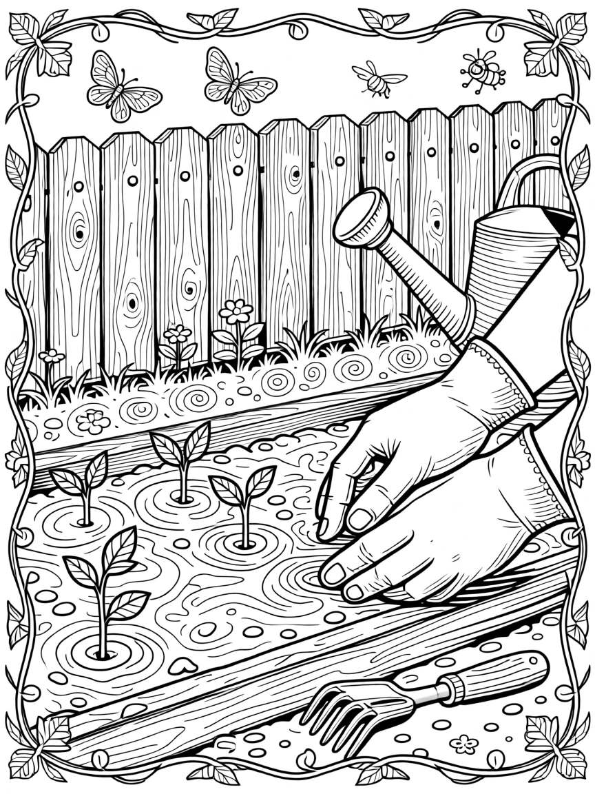 A pair of hands planting a row of seedlings along a garden bed.