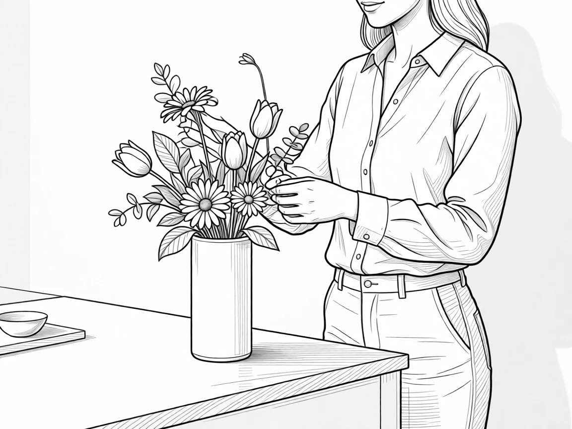 A person arranging flowers in a vase at a kitchen counter