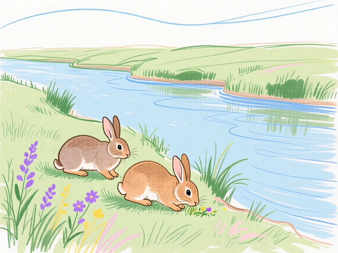 A pair of rabbits grazing along a quiet riverbank on a quiet summer afternoon.