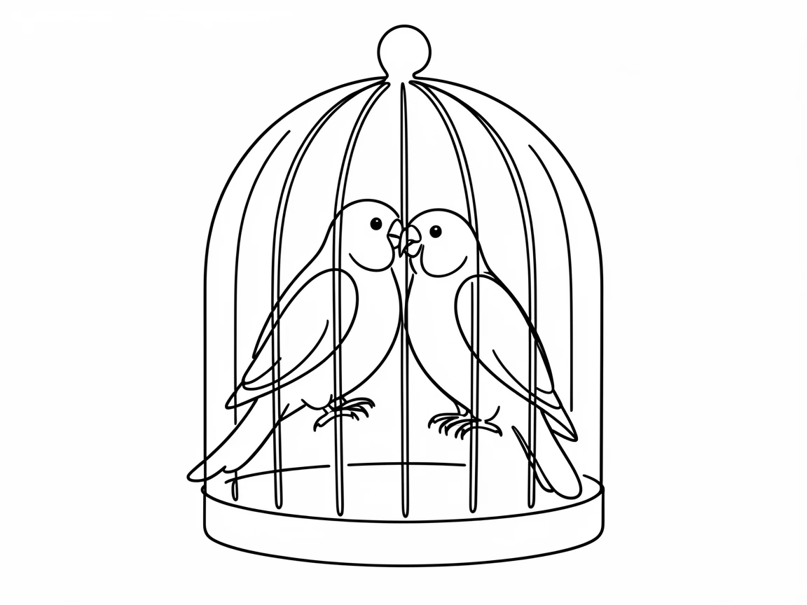 A pair of lovebirds preening each other inside a cage