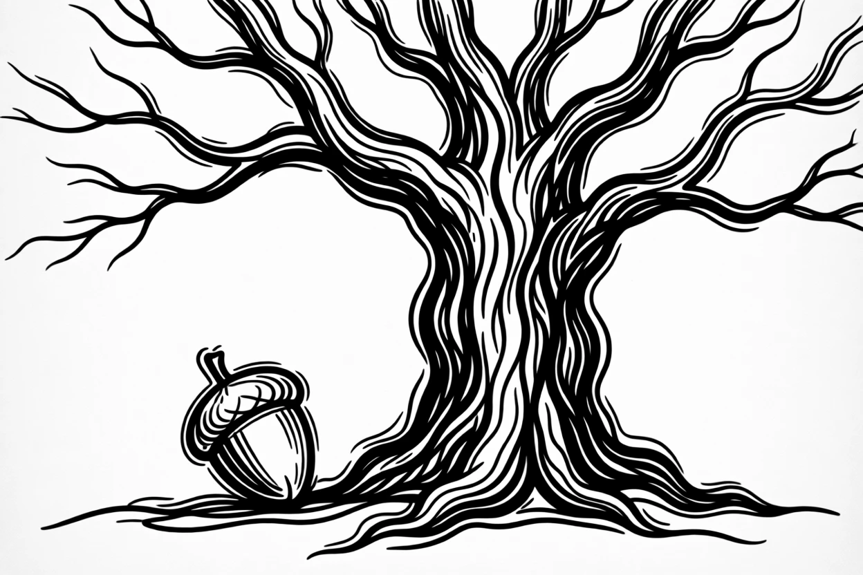 A single acorn beside a mighty oak tree, symbolizing potential and growth.