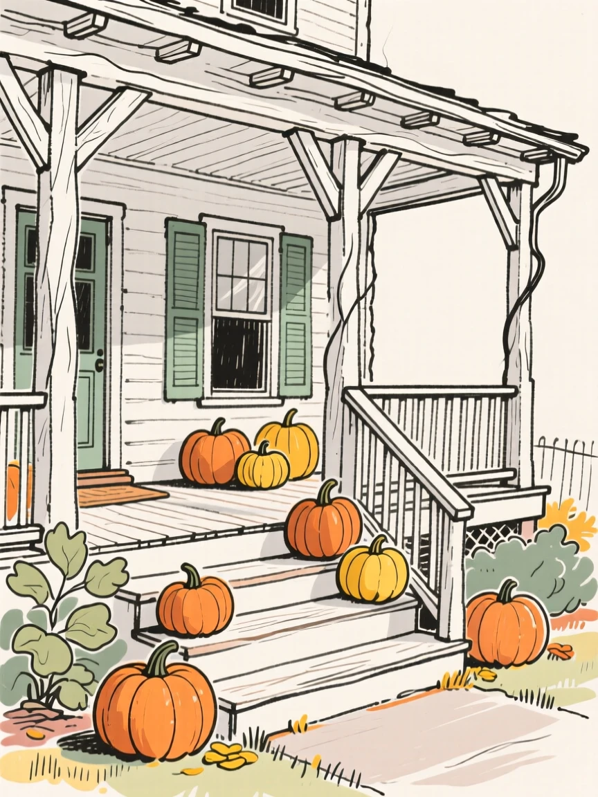 A farmhouse porch decorated with pumpkins during harvest season.