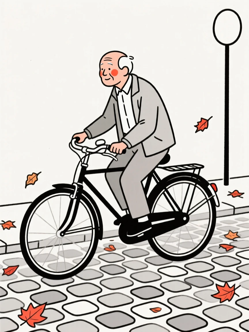An elderly man riding a bicycle through fallen leaves, on a quiet cobblestone street.