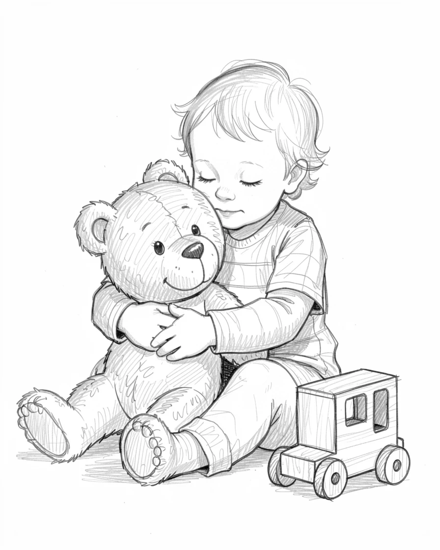 A toddler hugging a stuffed teddy bear, beside a small wooden toy, looking impossibly soft and content.