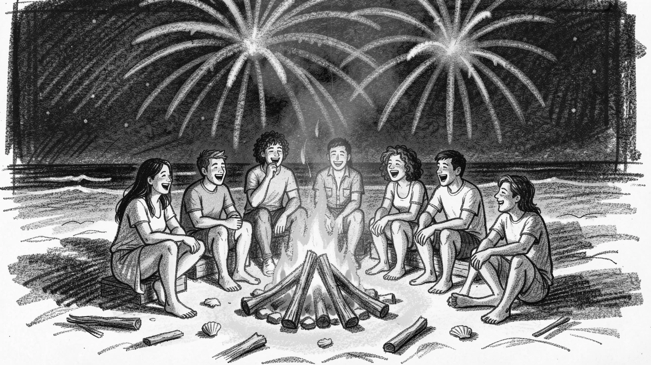 A summer beach bonfire with friends gathered under fireworks, as laughter fills the air around them.