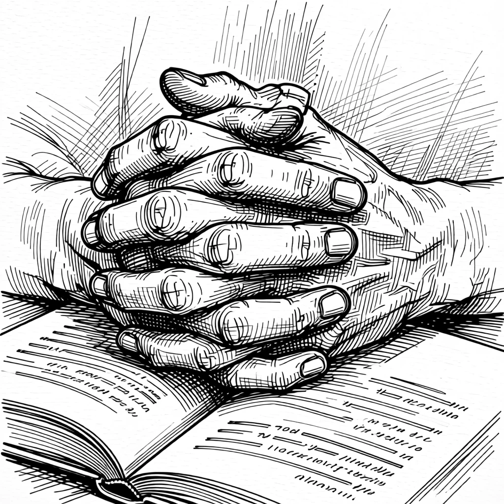 A pair of clasped hands resting gently atop an open book.