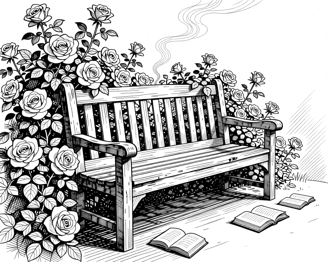A garden bench surrounded by climbing roses as steam rises slowly into the still air, with a few scattered books left open mid-read, evoking a warmly comforting sense of calm.