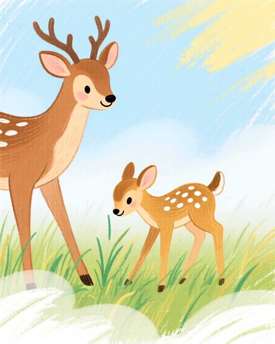 A mother deer and fawn grazing at the edge of a misty meadow.