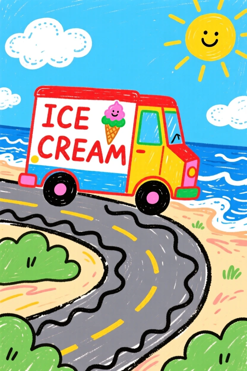 A cheerful ice cream truck traveling along a winding coastal road.