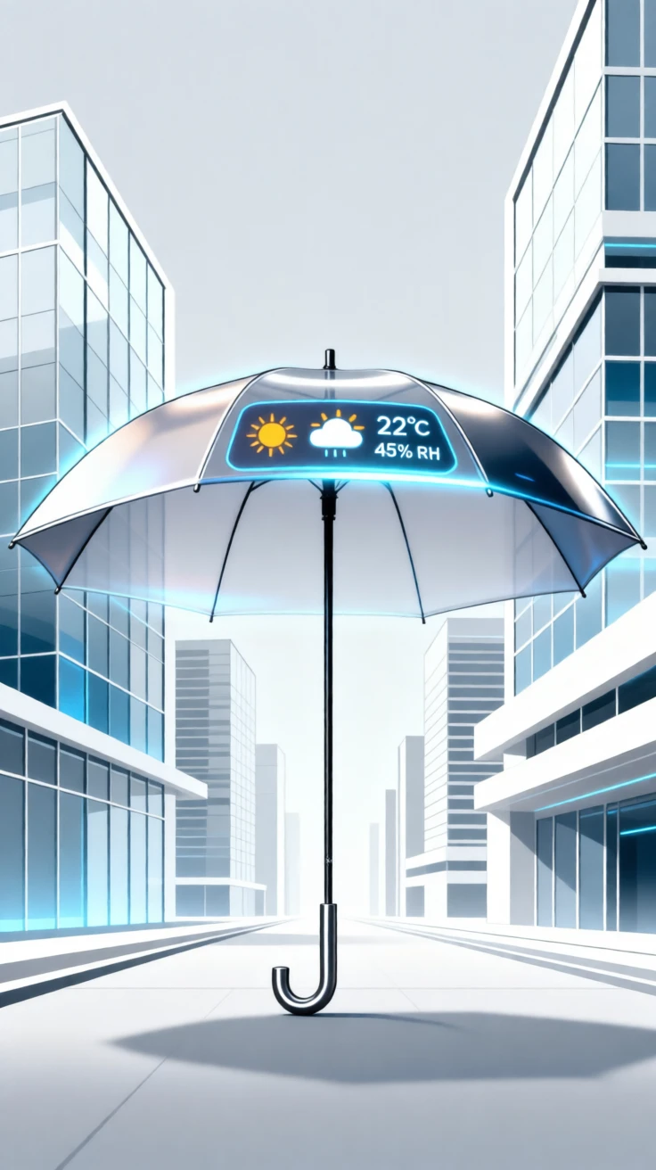 A smart umbrella with a built-in weather display, surrounded by clean minimalist architecture, composed with layered depth suggesting advanced technology, with a subtle sense of wonder about future possibilities.