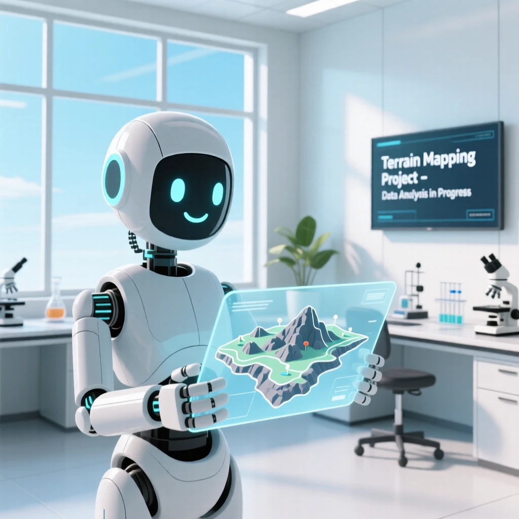 A friendly AI assistant mapping the terrain in a bright research lab.