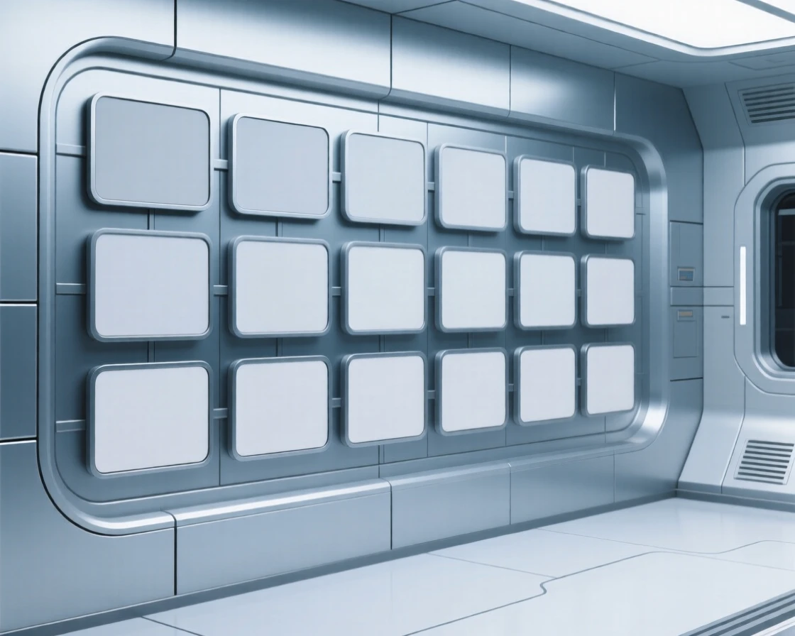A sleek wall of interconnected screens placed in a research space station, surrounded by sleek metallic surfaces, conveying calm technological harmony.
