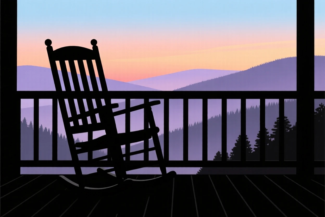 A single wooden rocking chair on a porch overlooking a quiet valley.