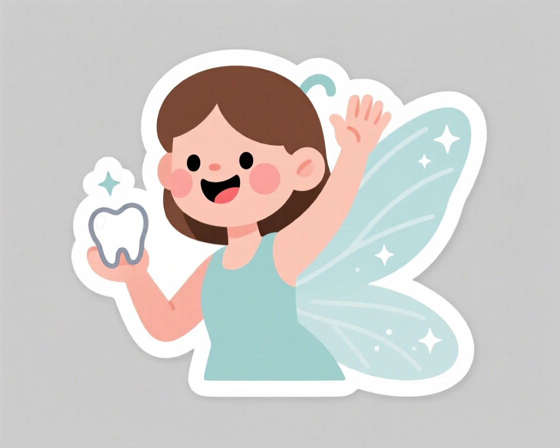 A gently expressive happy tooth fairy holding a small tooth, waving hello with excitement, designed to make learning fun.
