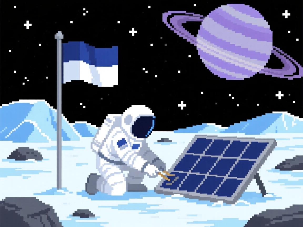 A lone astronaut planting a flag repairing a solar panel under starlight, on a frozen moon under a ringed planet's glow.