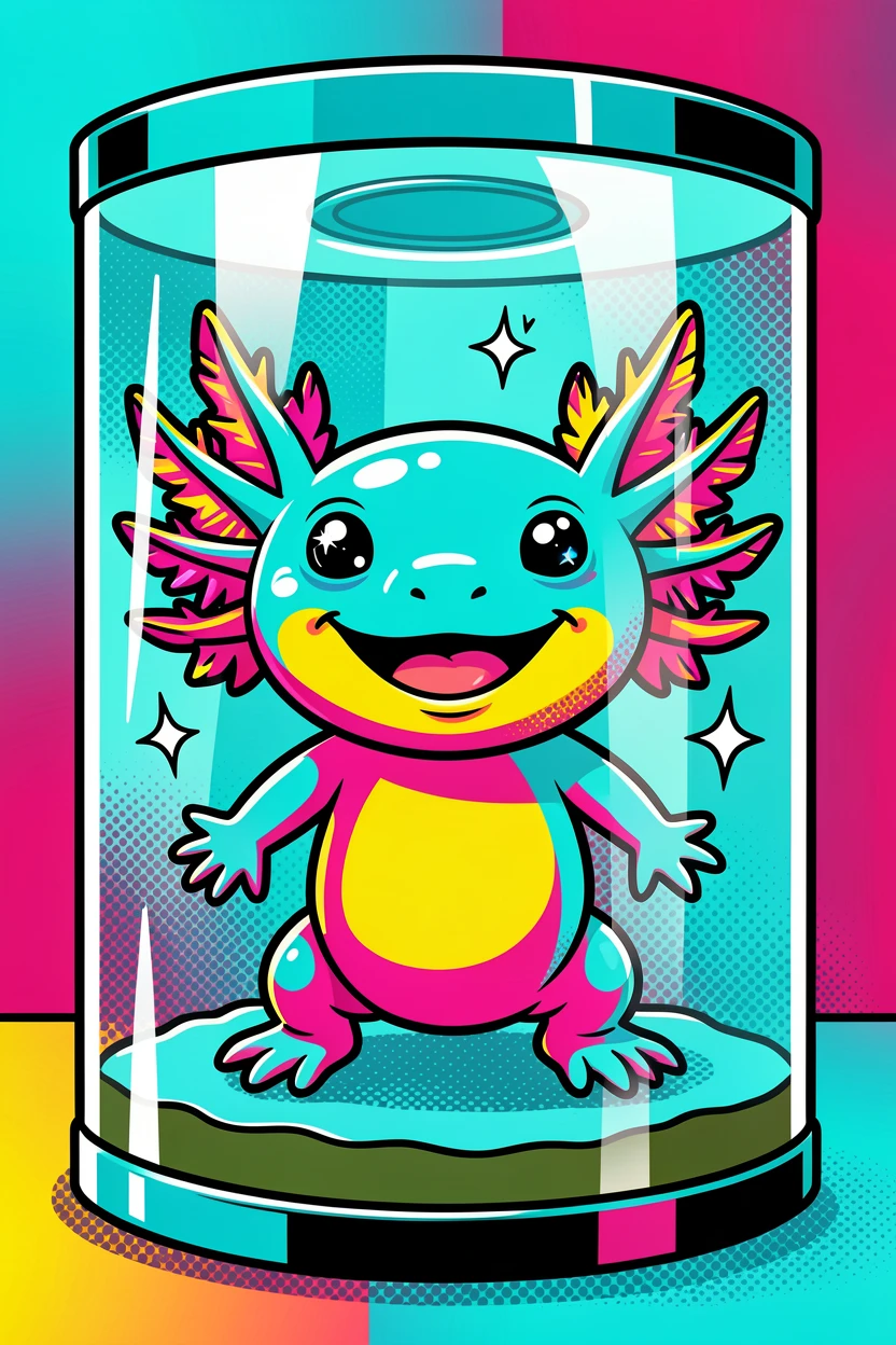 A clear axolotl smiling in a clear aquarium