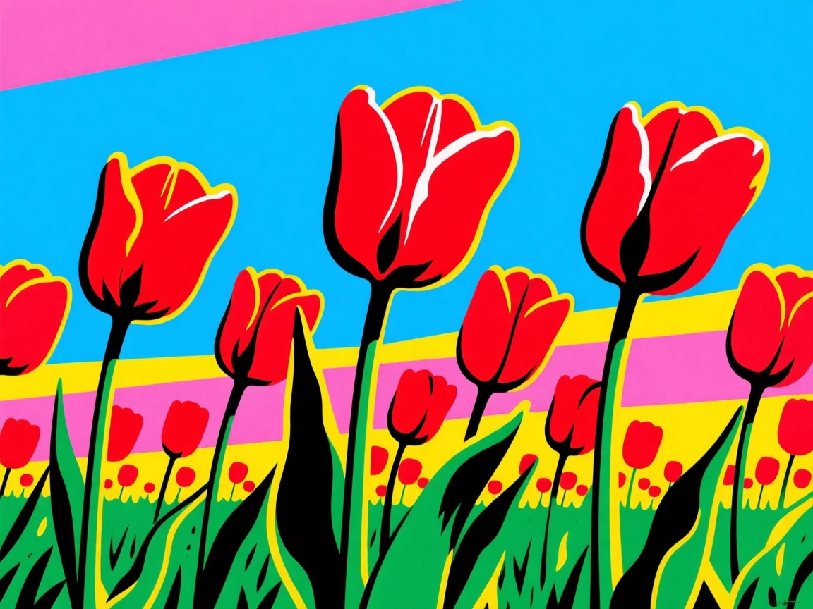Field of red tulips against a blue sky